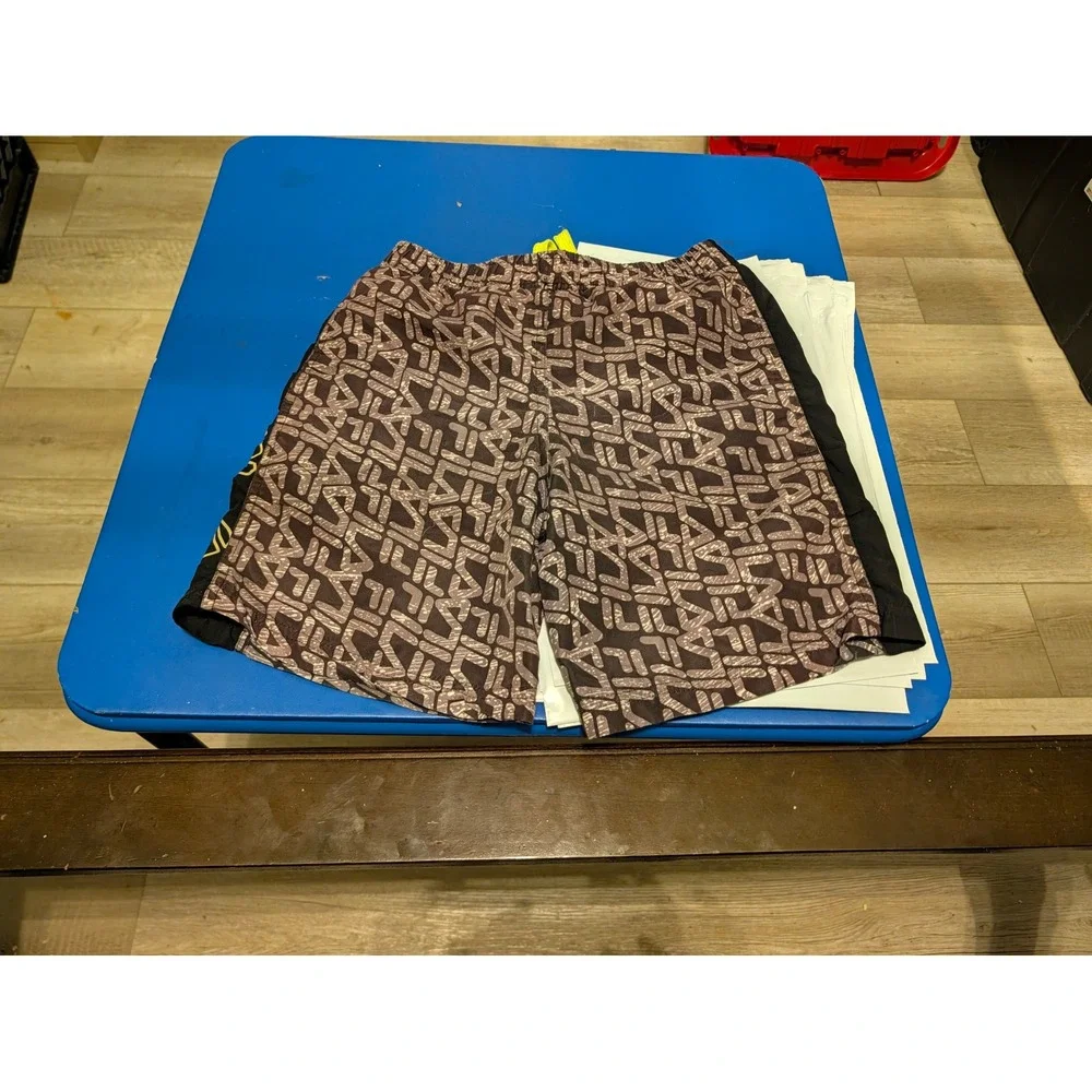 Fila Boys Monogram Logo Swim Trunks Black Brown Lime Green Size M 10/12
